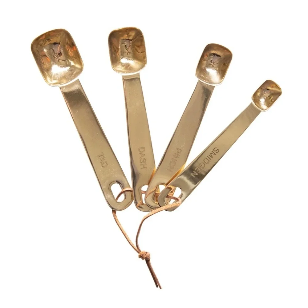 Brass‎ Finish Stainless Steel Square Measuring Spoons Set of 4 with Leather Tie